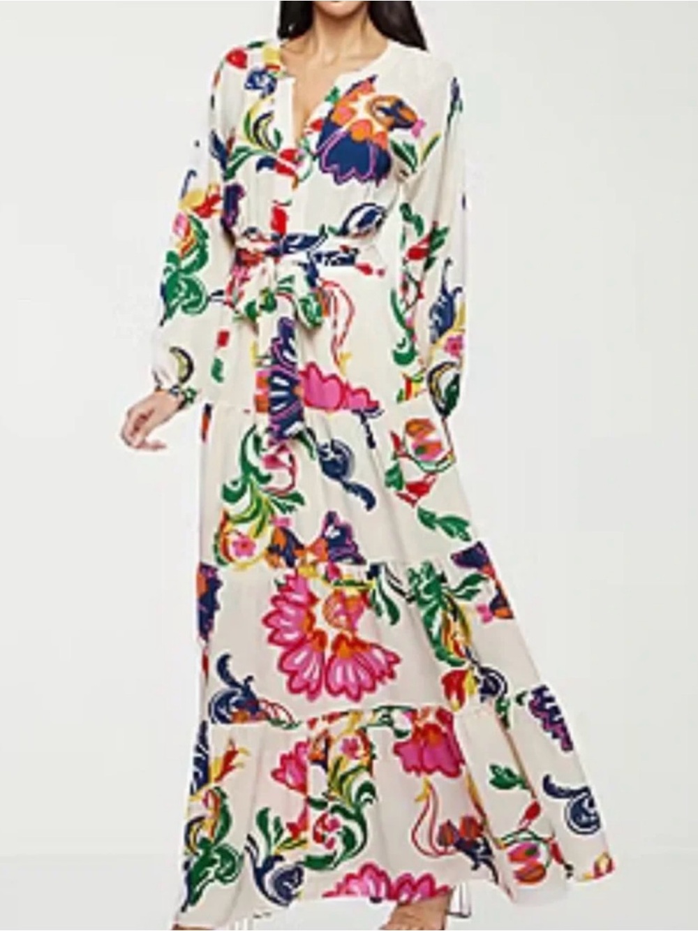 Floral Cream Maxi Dress with Tie Waist